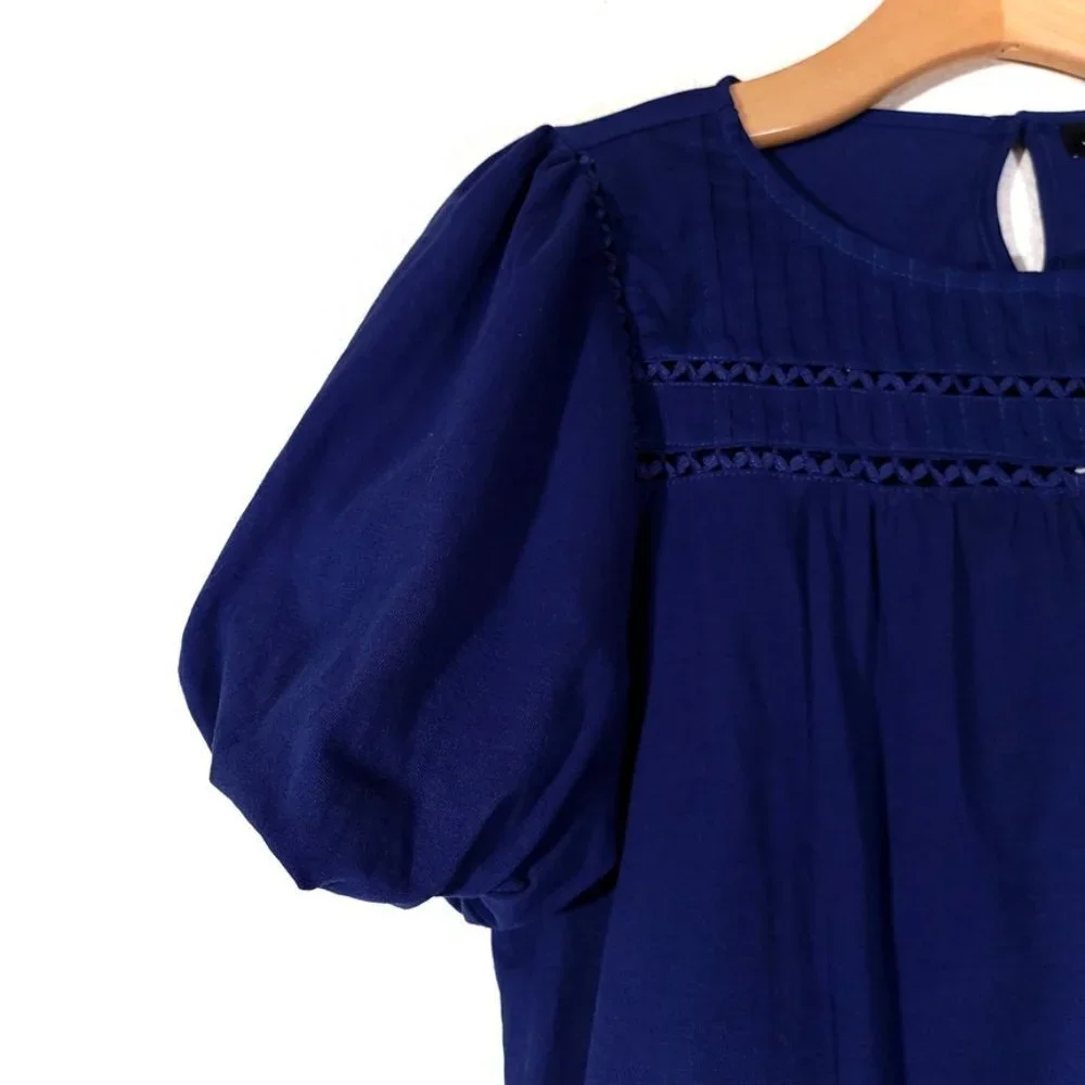 NEW J Crew Cottagecore Lace Trim Puff Sleeve Shirt Mediterranean Navy Blue Small